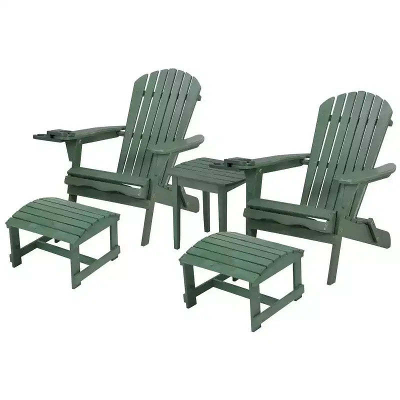 Jiallo Foldable Adirondack Chair with cup holder Conversation Set, 2 Foldable Adirondack Chairs with cup holders with Ottoman and 1 End Table