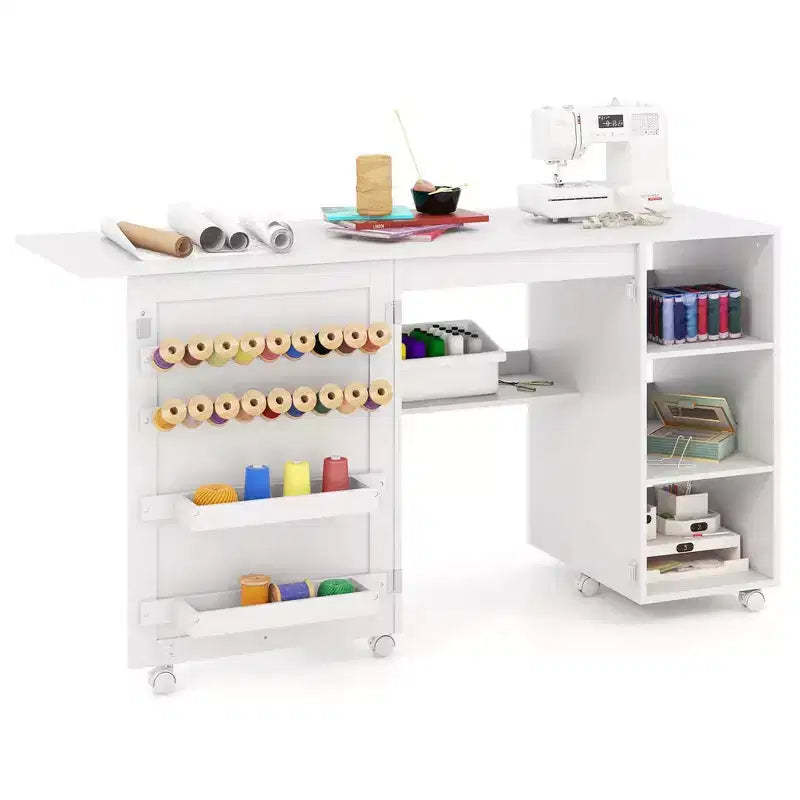 Costway Folding Sewing Table with Storage Shelves 2 Storage Bins & 18 Pegs Lockable Casters