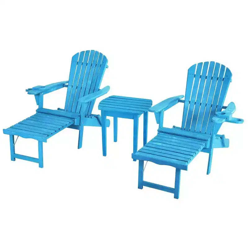 Jiallo Oceanic Collection Adirondack Chaise Lounge Chair Foldable, cup and glass holder, built in ottoman, Set of 2 Lounge chairs and 1 end table