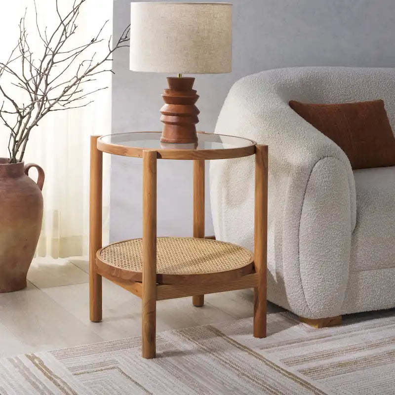 SAFAVIEH Couture Alberdine Rattan/Glass Accent Table - 23 In. W x 23 In. D x 24 In. H - 23W x 23D x 24H