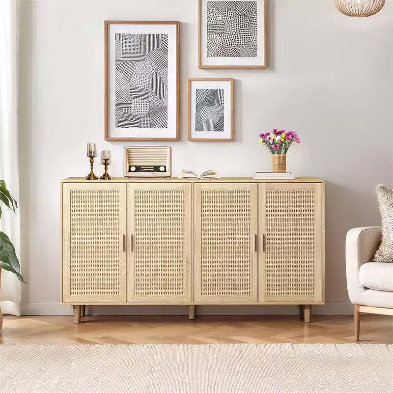 62.20Elegant and Functional 4-Door Rattan Decorative Storage Cabinet, Sideboard Buffet Cabinet, for Bedroom,Living Room,Office,Easy Assembly,Black