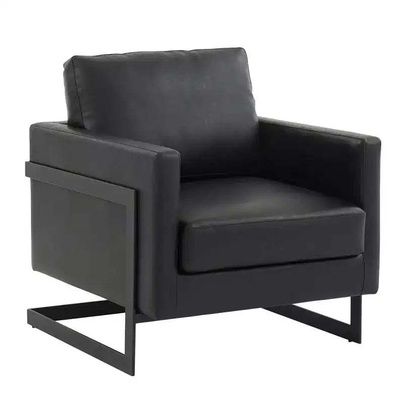 LeisureMod Lincoln PU Leather Accent Chair  Modern Upholstered Seat with Black Steel Frame, Comfortable Armchair for Living Room, Bedroom, Office