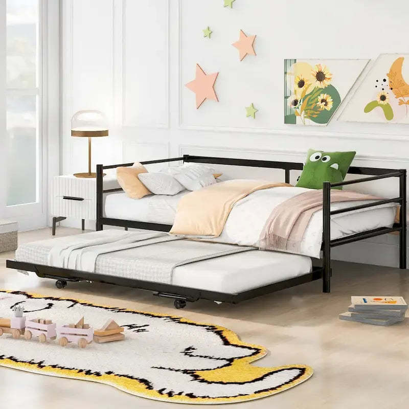 Metal Daybed with Adjustable Trundle, Pop Up Trundle