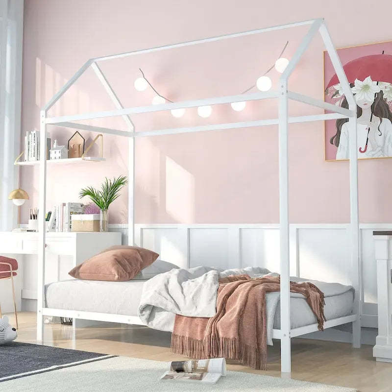 House Bed Frame Twin Size , Kids Bed Frame Metal Platform Bed Floor Bed for Kids Boys Girls No Box Spring Needed
