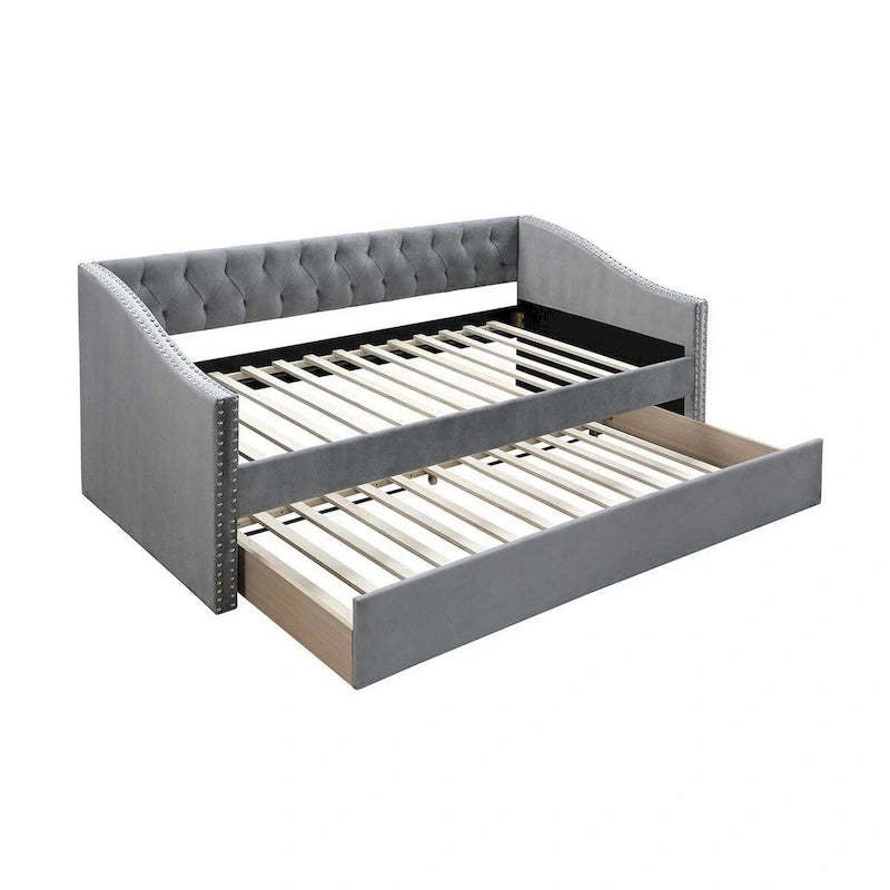 Ann Modern Wood Day Bed with Trundle, Straight Tufted Back, Gray Burlap