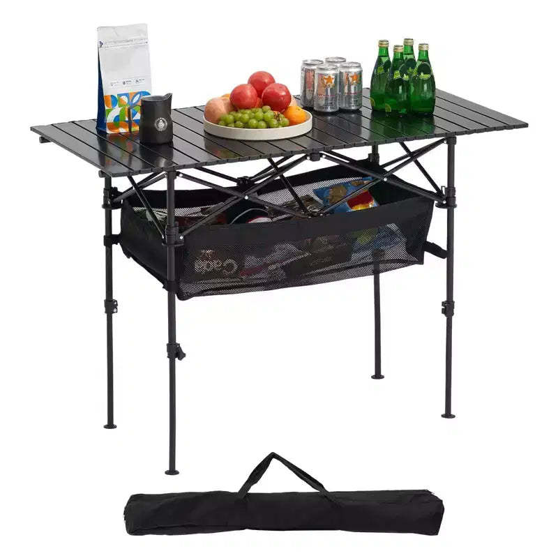 Folding Camping Table Aluminum Roll-Up Top Adjustable Height Portable