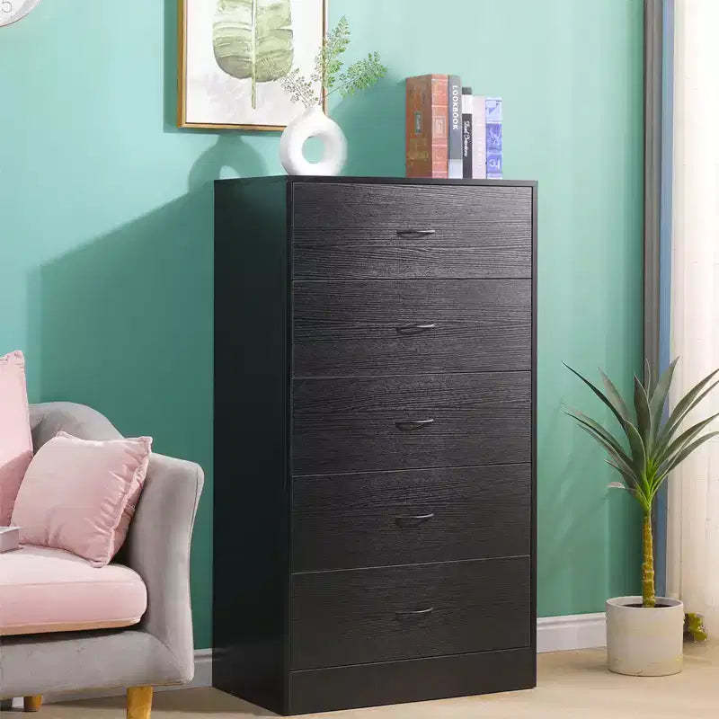 5 Drawer Dresser for Bedroom Tall Modern Chest of Drawers Steel Frame MDF Storage Black