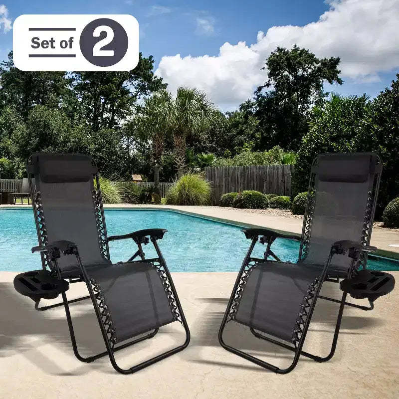 Set of 2 Zero Gravity Outdoor Chairs with Side Tables, Cupholders, Phone, and Tablet Holder and Chair Pillow by Lavish Home