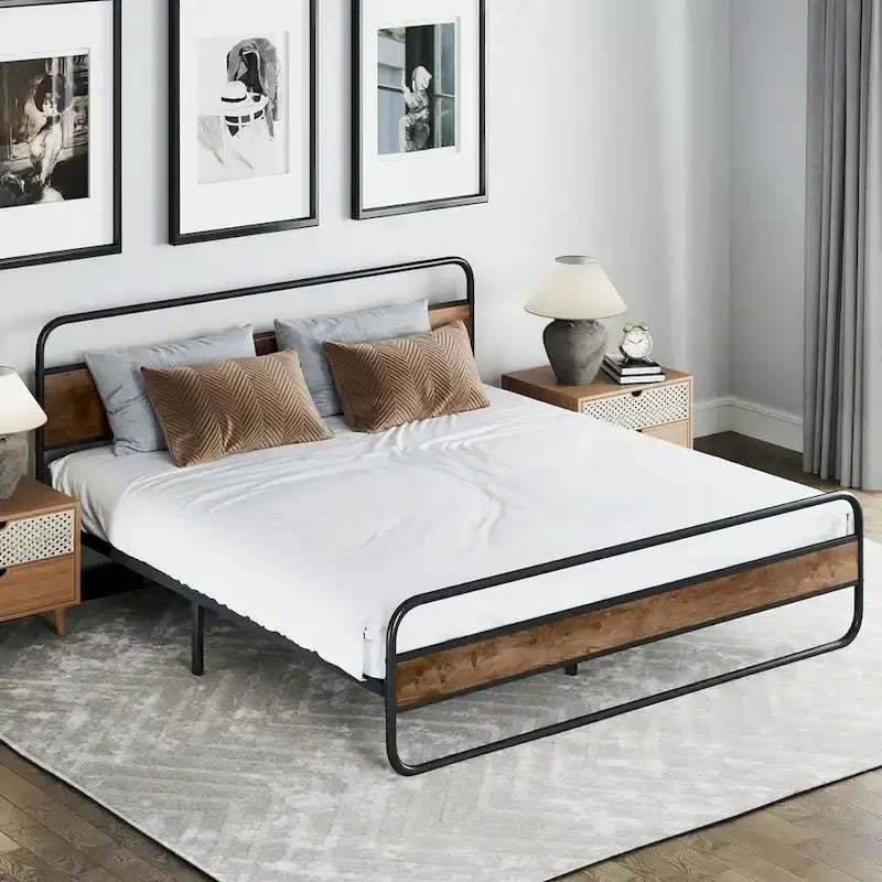 Moasis Metal Platform Bed Frame with Wooden Headboard