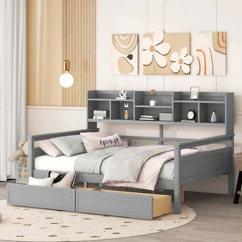 Full size Daybed, Wood Slat Support, with Bedside Shelf and Two Drawers