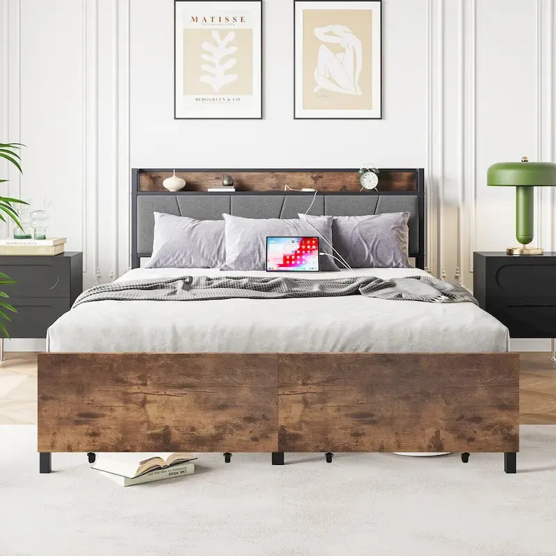 Storage Headboard Metal Bed Frame with 2 Drawers