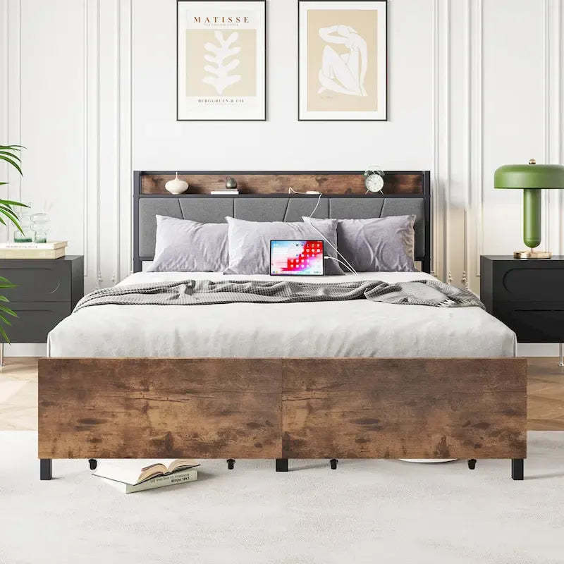 Storage Headboard Metal Bed Frame with 2 Drawers