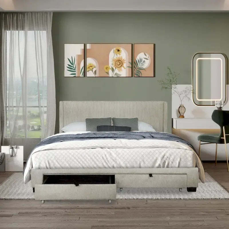 Footboard Drawer Storage Upholstered Wingback Bed