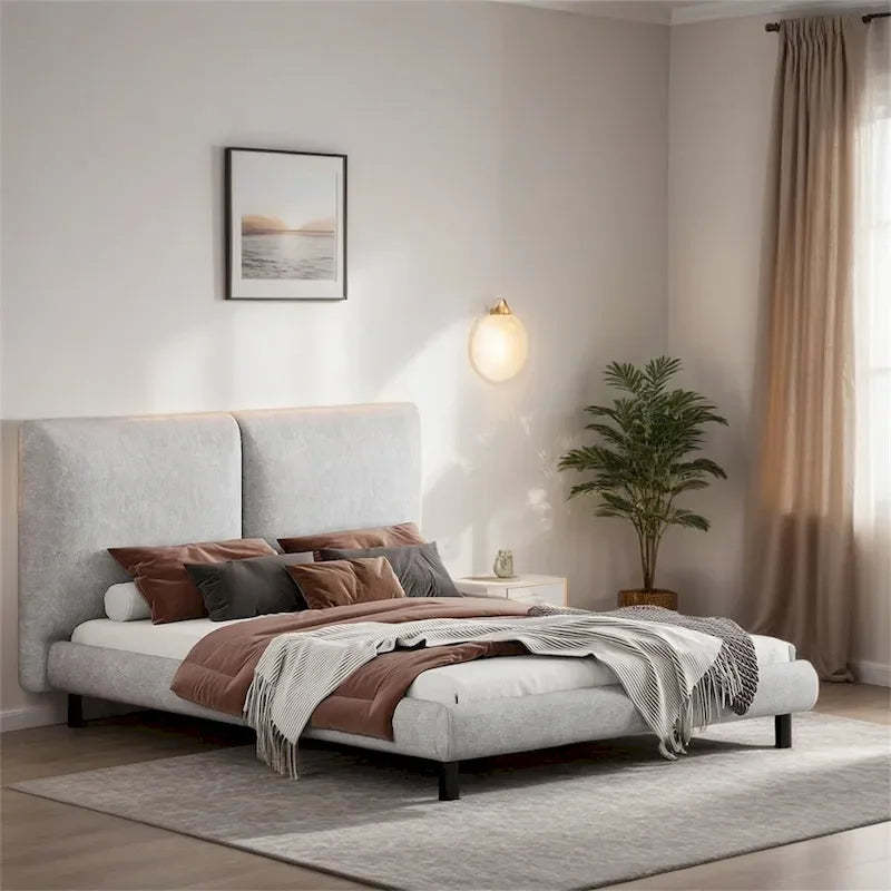 Upholstered Platform Bed w/Two Large Headrests& Thick Fabric,Polyester