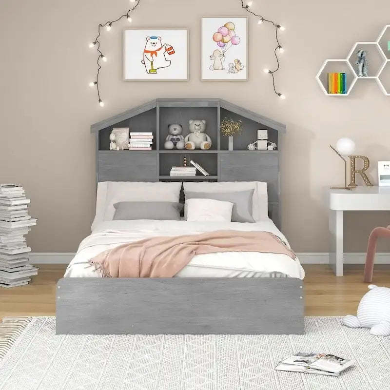 Full Size Wood Platform Bed with House-shaped Storage Headboard and 2 Drawers