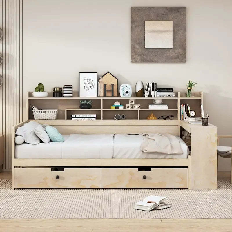 Wooden Full Size Daybed with Storage Shelves