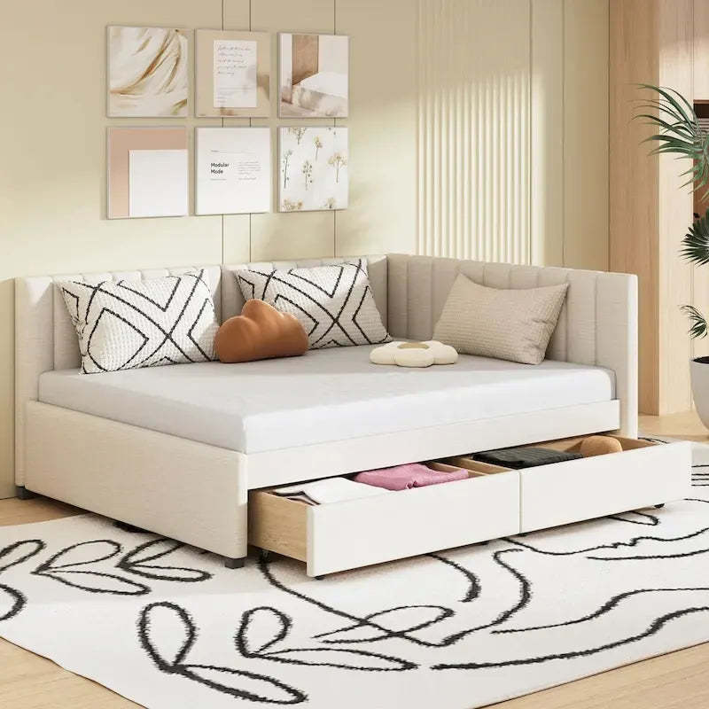 Full Size Upholstered Daybed with 2 Storage Drawers Sofa Bed Frame No Box Spring Needed, Linen Fabric (Beige)