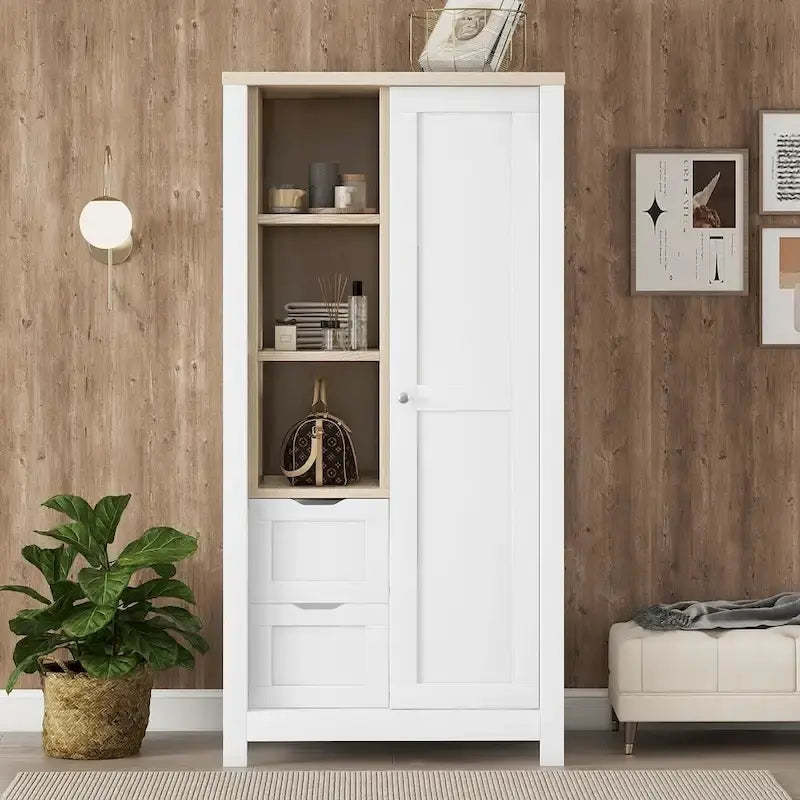 Nestfair Bedroom Storage Wardrobe with Hanging Rods and 2 Drawers and Open Shelves