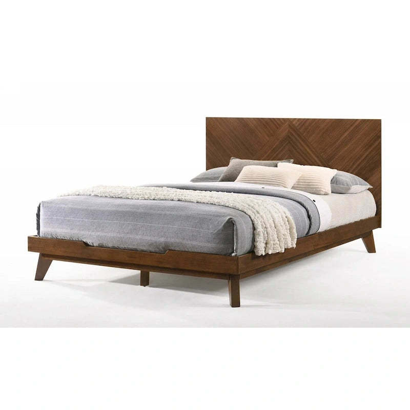 Soer Queen Bed, Chevron Pattern Tall Headboard, Walnut Brown Solid Wood
