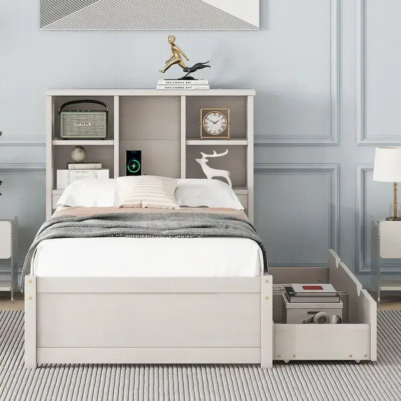 Modern Twin Size Bed Frame With Built-in USB Port on Bookcase Headboard and 2 Drawers for