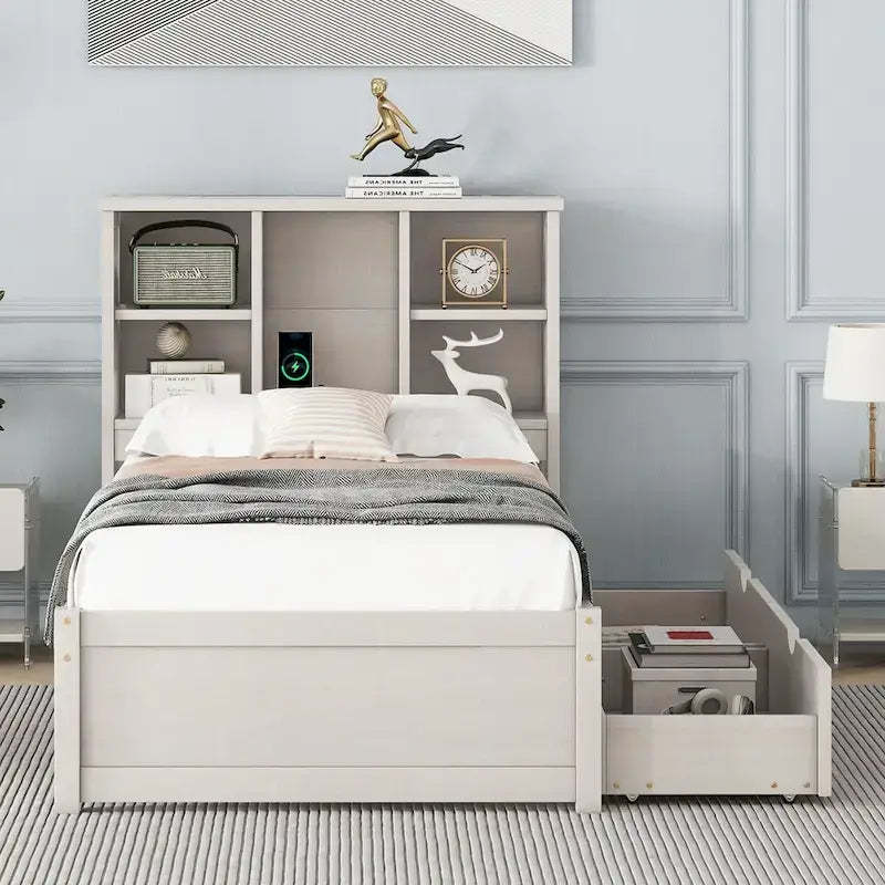 Modern Twin Size Bed Frame With Built-in USB Port on Bookcase Headboard and 2 Drawers for