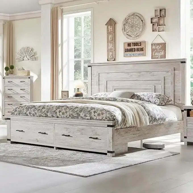 Farmhouse Queen Size Bed Frame w/ 54 Tall Headboard & 2 Large Drawers