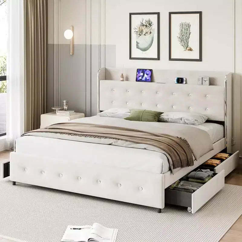 Whizmax Bed Frame, Upholstered Platform Bed Frame with Trundle and 4 Storage Drawers, Bed Frame with Diamond Tufted Headboard, No Box Spring Needed
