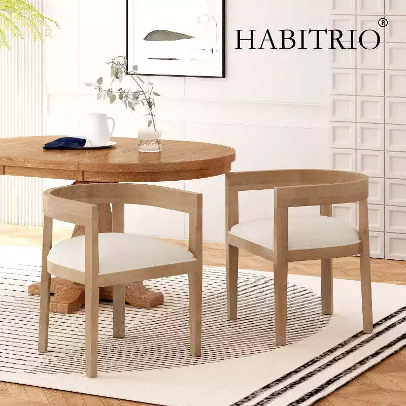 Set of 2 Retro Dining Chairs Arm Chairs with Rubber Wood Legs, Natural+Beige 4S - HABITRIO