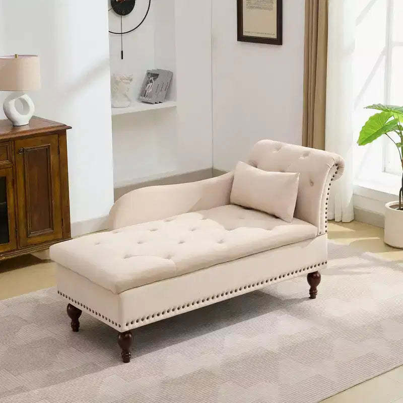 HYLEORY Storage Chaise Lounge, Modern Button Tufted Velvet Upholstered Leisure Accent Chair with Solid Wood Legs & Lumbar Pillow (right Armrest)