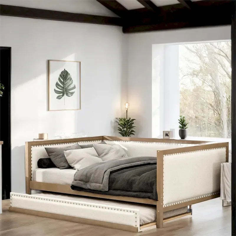 Full Size Linen Upholstered Daybed with Trundle and Nailhead