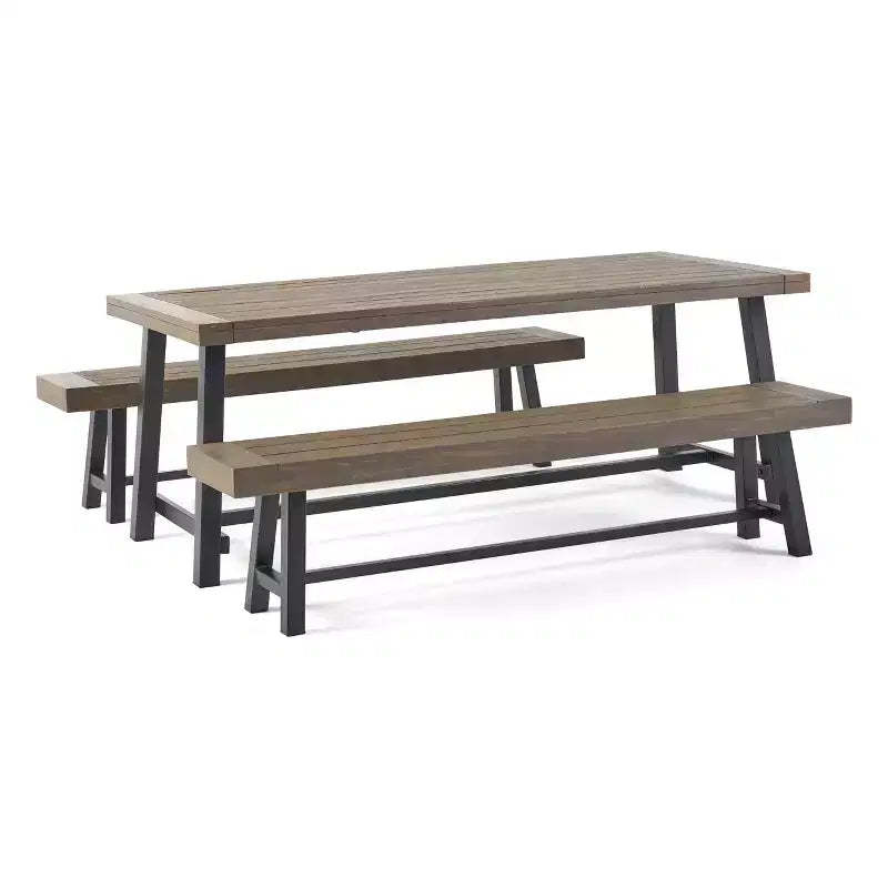 GDFStudio Chilian Outdoor Acacia Wood 3 Piece Picnic Set, Gray/Rustic Metal