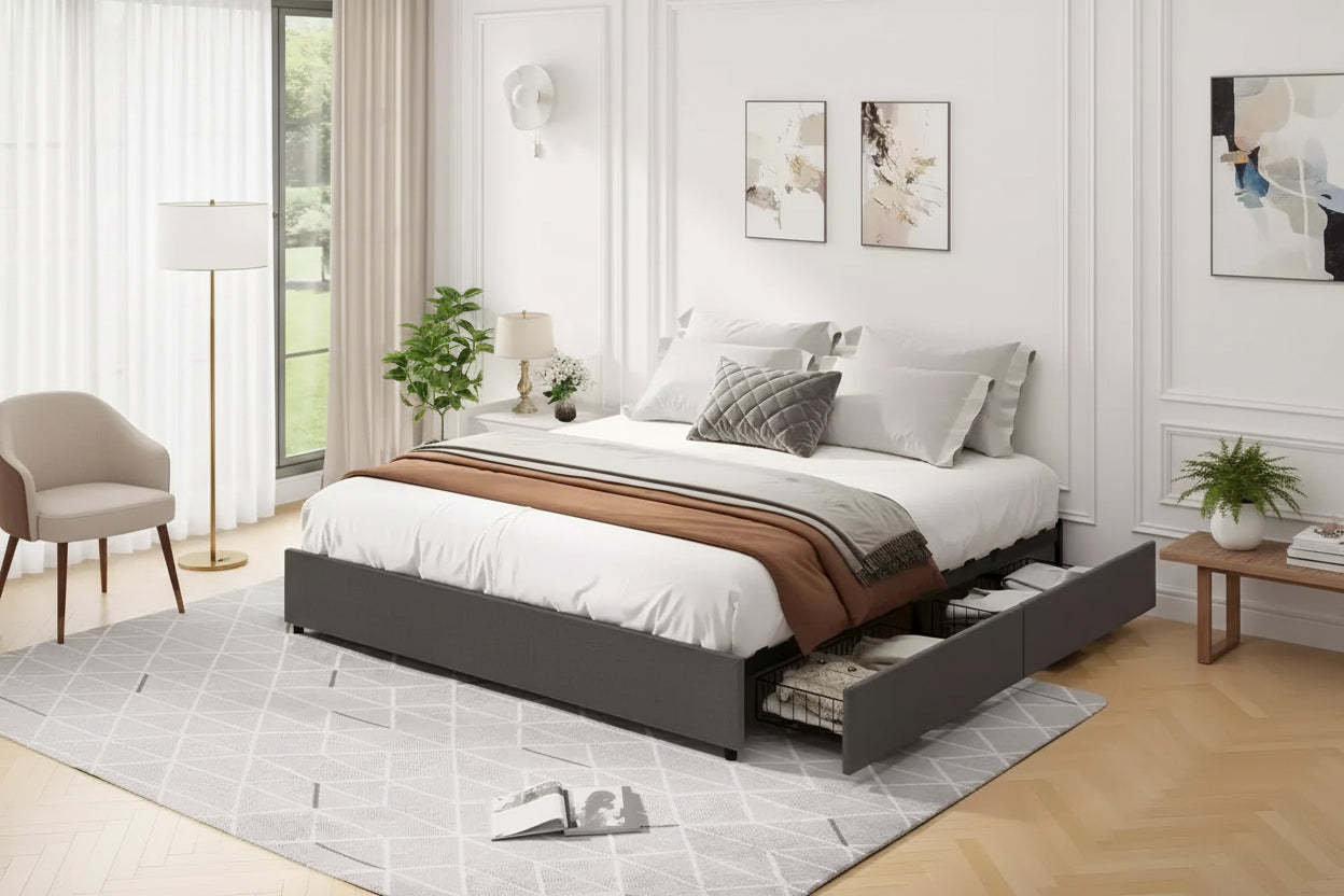 Upholstered Platform Bed Frame with 4 Storage Drawers, Platform Bed Frame with Mattress Foundation Strong Wooden,No Box Spring Needed