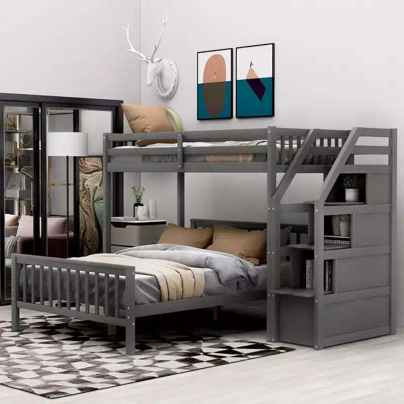 Twin Over Full Bunk Bed With Storage Staircases, Wooden Loft Bed Frame For Kids Teens Bedroom Guest Room Furniture No Box Spring Needed Easy Assembly