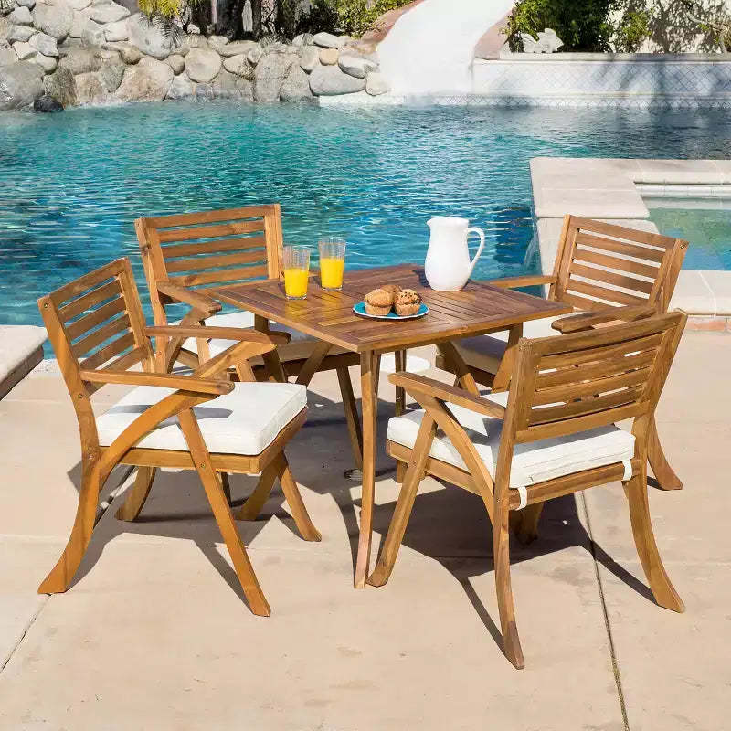 GDFStudio Baia Outdoor Acacia Wood 5 Piece Dining Set with Cushion, Teak/Cream