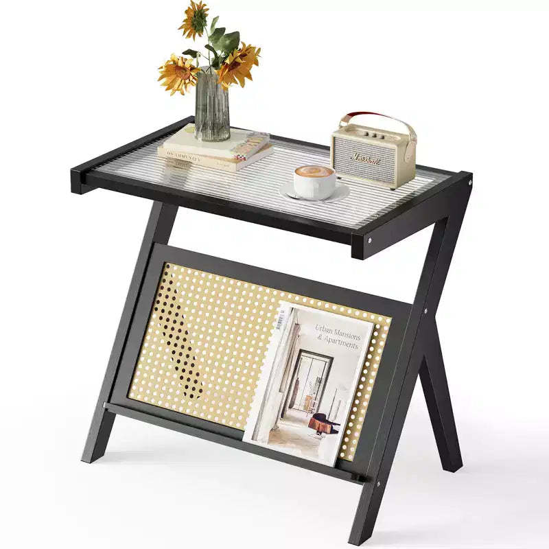 Rattan Accent Side Table with Tempered Glass Top Bamboo Woven Frame Modern Black Bedside Nightstand