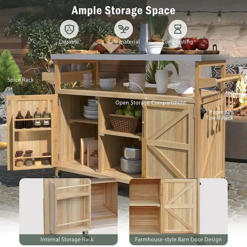 Outdoor kitchen island with rolling cart and stainless steel top