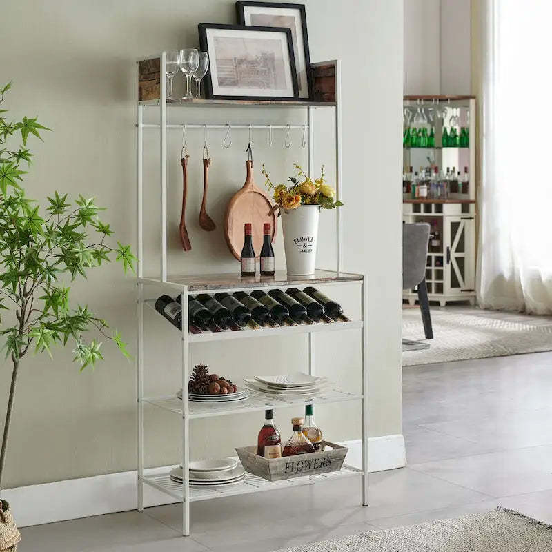 Red Tile Bakers Rack with 9 Wine Bottle Capacity Rack & 8 Hooks - Kitchen Storage Organizer, White