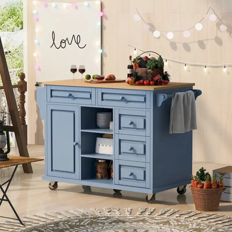 Kitchen Cart with Storage and 5 Drawers,Spice Rack,Towel Holder ,Rubber Wood Desktop Rolling Mobile Kitchen Island