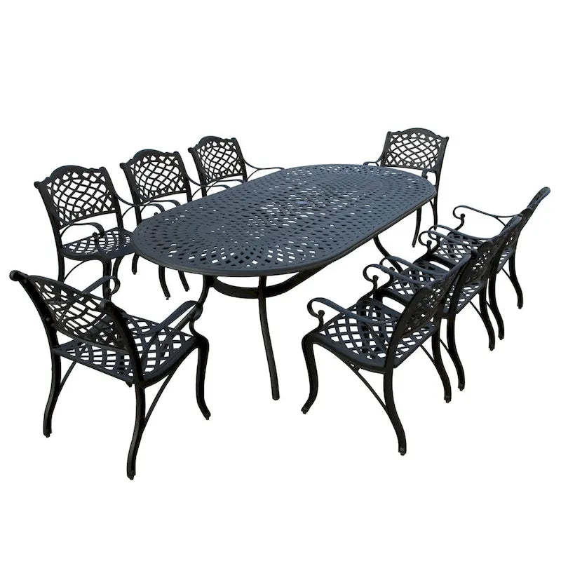 Modern Outdoor Mesh Lattice Aluminum 95-in Large Oval Patio Dining Set with Eight Arm Chairs - N/A