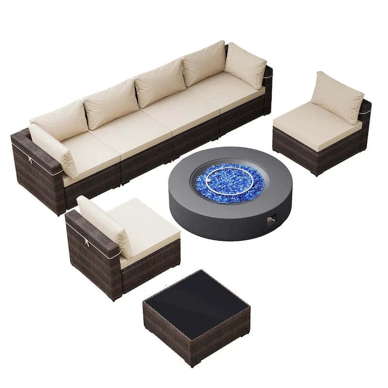 UPHA 8 Pieces Patio Furniture Set with 50,000 BTU Propane Fire Pit Table, Beige / Navy Blue Cushions