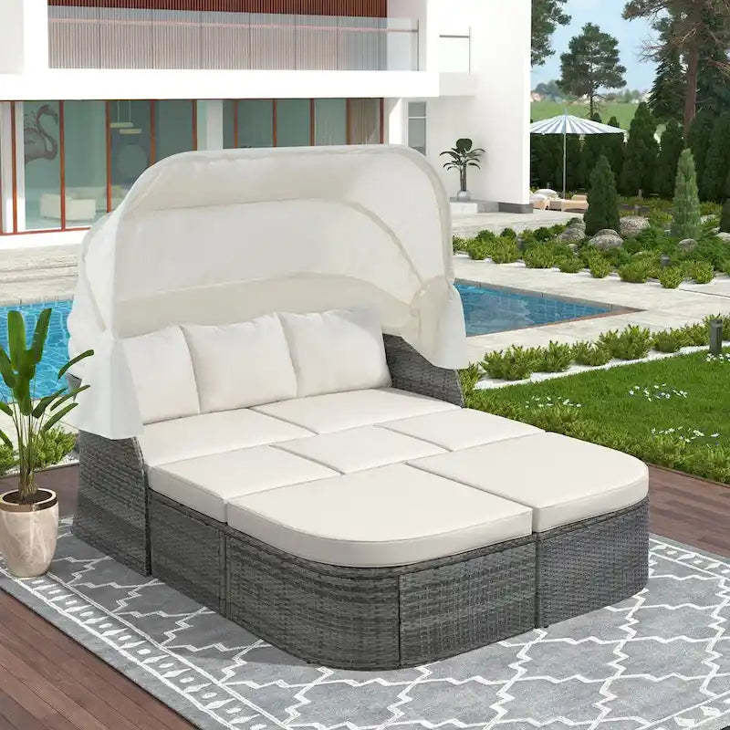 Outdoor Gray Wicker Daybed with Cushions and Retractable Canopy