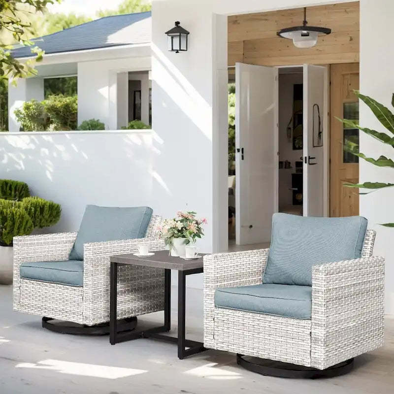 Outdoor Wicker Swivel Rocking Chairs with Table - Light Grey