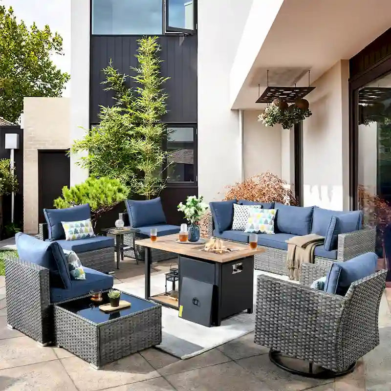 XIZZI 10-piece Outdoor Wicker Patio Furniture Set with Fire Pit Table