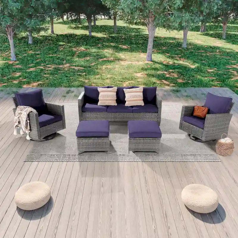 LIVOOSUN 5Pcs Patio Gray Rattan Outdoor Furniture Swivel Rocking Sofa Set