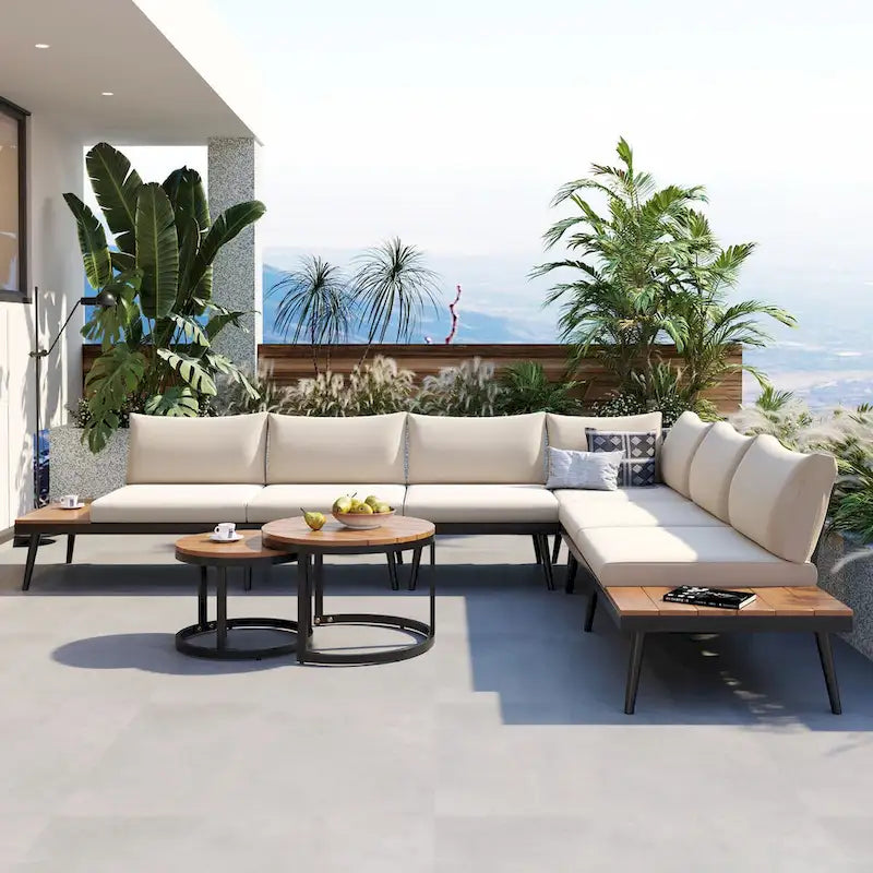 Beige 6-piece Acacia Wood Outdoor Sectional Sofa Set with Round Nesting Coffee Tables and Side Storage Shelf, Cushioned Seating