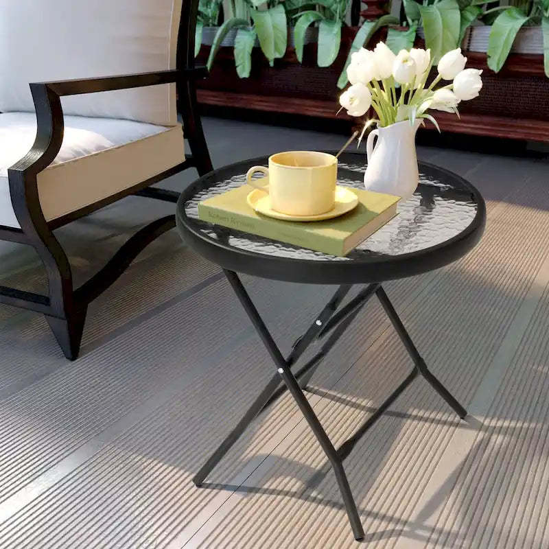 Outdoor Patio Folding Round Table Tempered Glass Top