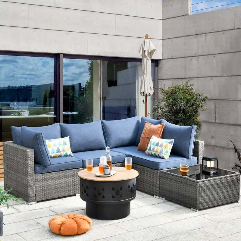 XIZZI 6-piece Outdoor Wicker Furniture Sectional Set with Wood Burning Firepit