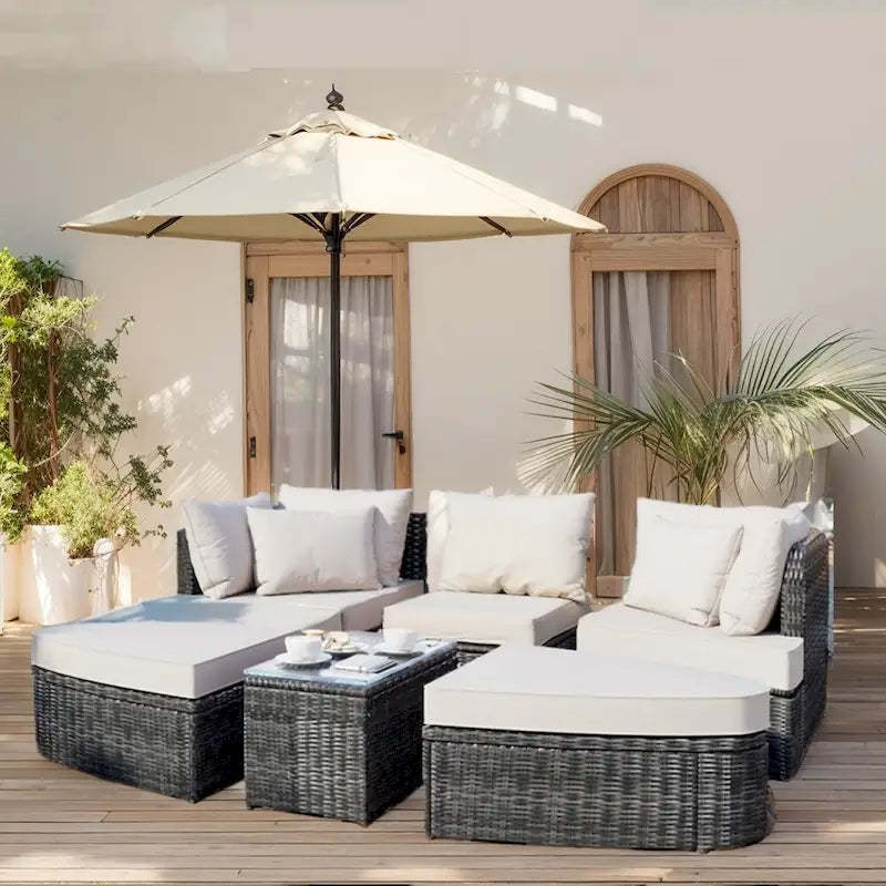 6-Piece Wicker Outdoor Sectional Conversation Set with Cushions - 2Corner Sofas&1Single Sofa&2Ottomans&1Table