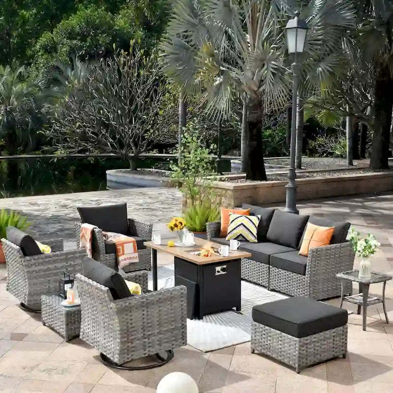 OVIOS 10-Piece Patio Wicker Conversation Rocking Chair Set With Fire Table