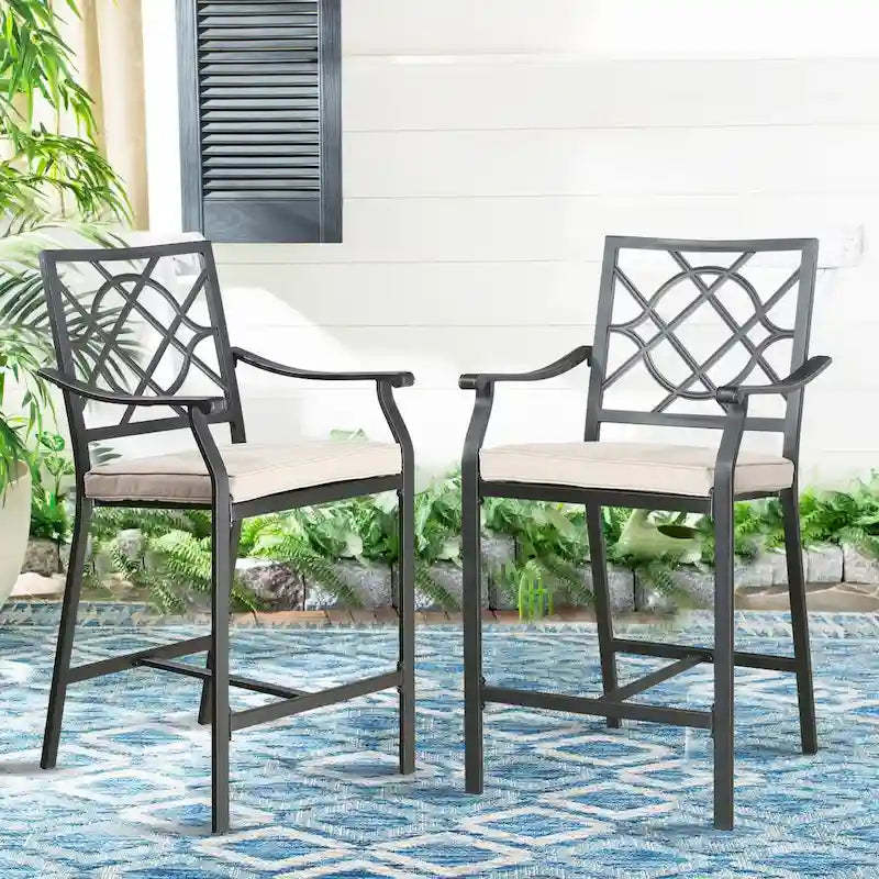 Patio Height Bar Chairs Outdoor Dining Chair with Beige Cushion